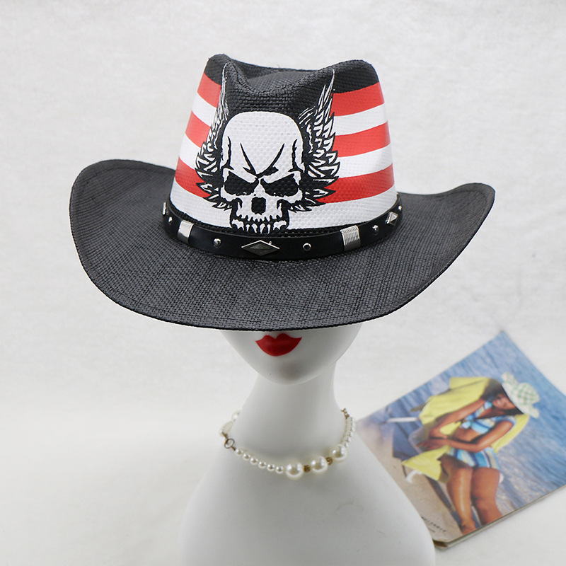 Cowboy Hat Straw - 大人気！西部カウボーイハット、黒色のメンズ用アウトドアハット、スカル柄の巻き毛風ストローハット。