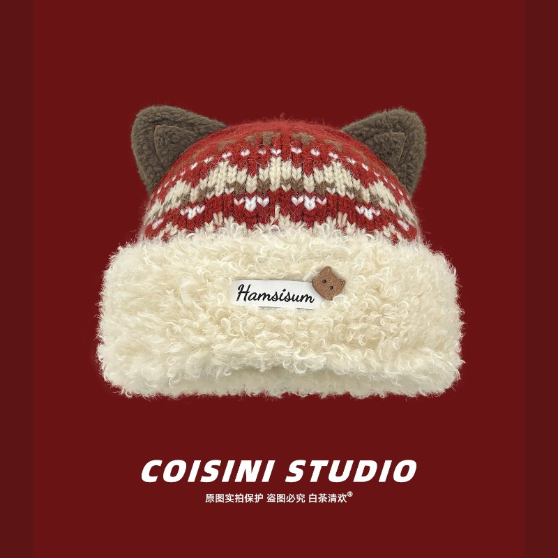 かわいい猫耳が付いた、フェア・アイル柄のジャカード織りの冬用 - Beanie Cuffed Knit のレビューと価格