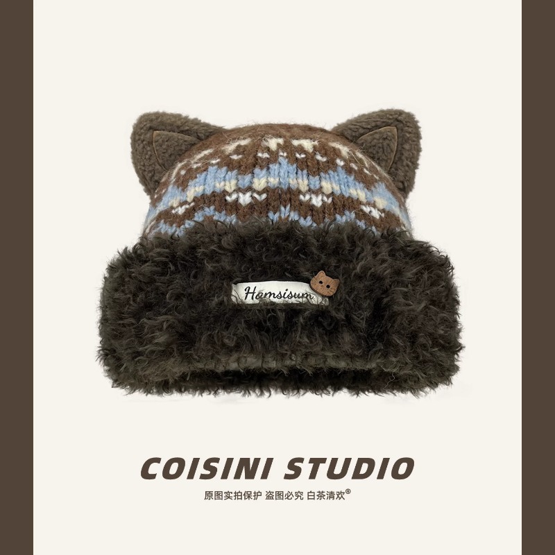 かわいい猫耳が付いた、フェア・アイル柄のジャカード織りの冬用 - Beanie Cuffed Knit のレビューと価格
