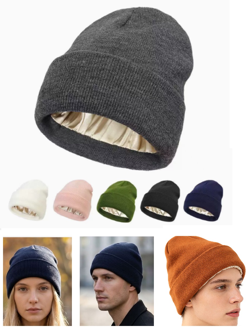男女兼用、サテン裏地付きニット帽。アクリル素材の冬用帽子。柔 - Beanie Cuffed Knit のレビューと価格